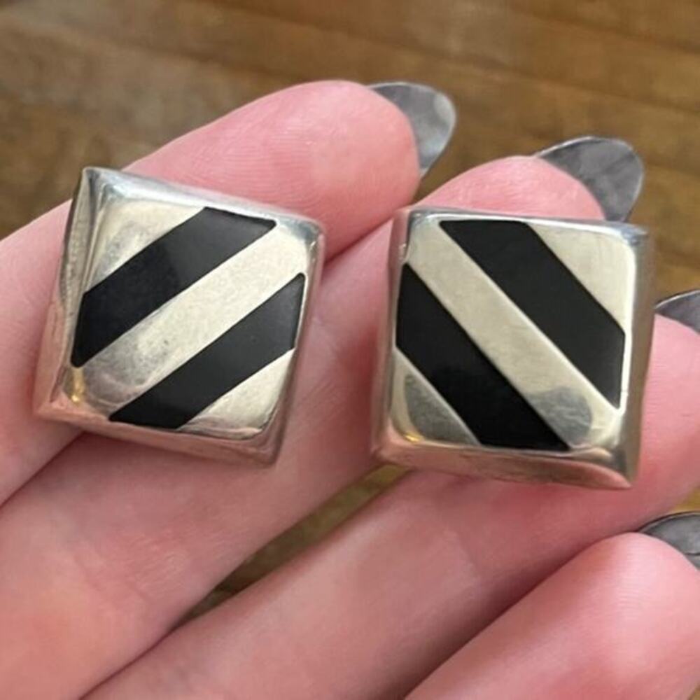 Vintage 80s Onyx and 925 Sterling Silver Chunky Square earrings MEXICO
